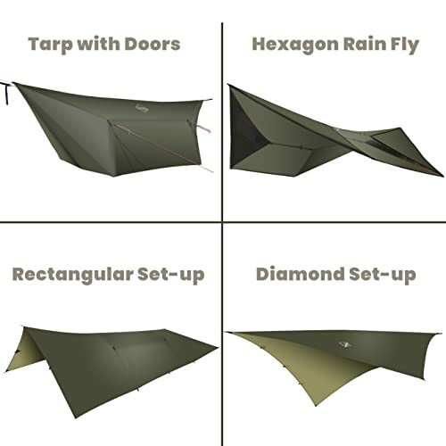 Various tarp setups: tarp with doors, hexagon rain fly, rectangular set-up, and diamond set-up.