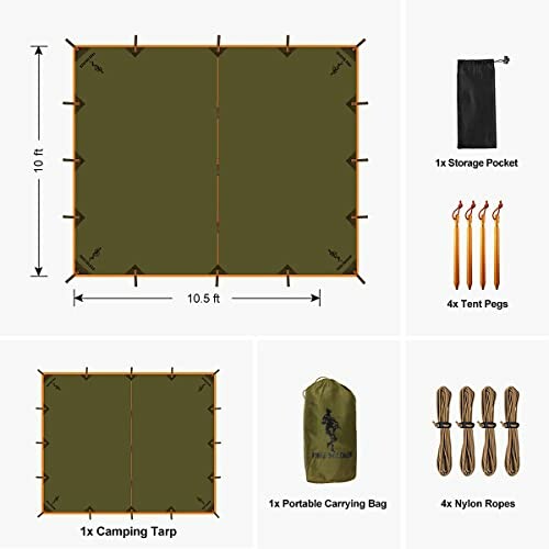 Camping tarp set with tarp, storage pocket, tent pegs, carrying bag, and nylon ropes.