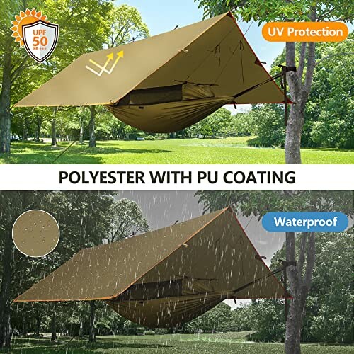 Camping tarp shelter with UV protection and waterproof features in a forest setting.