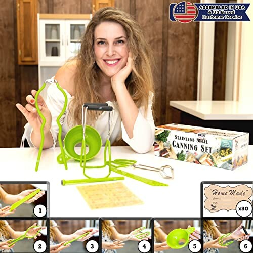 Woman with stainless steel canning set in kitchen