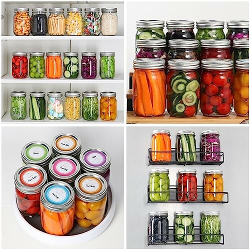 Assorted jars of colorful pickled vegetables on shelves and trays.