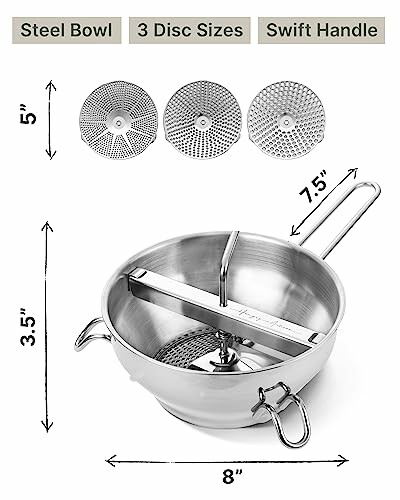 Stainless steel food mill with three disc sizes and a swift handle.