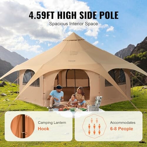 Large family camping tent with spacious interior, accommodates 6-8 people.