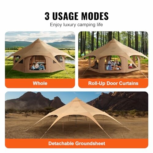 Three usage modes of a luxury camping tent: whole, roll-up door curtains, detachable groundsheet.