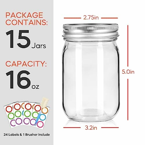 Clear mason jar with dimensions and labels included.