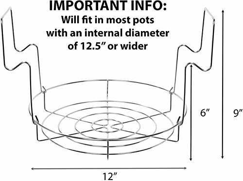 Pressure cooker wire rack with dimensions and usage information.