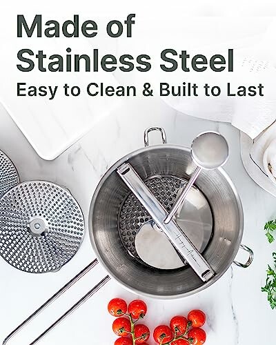 Stainless steel kitchen tools and accessories on a countertop.