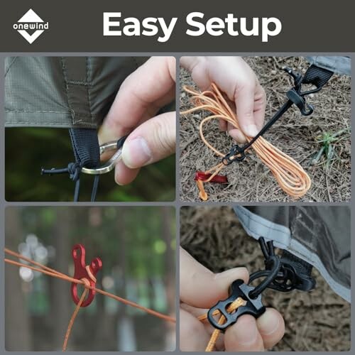 Four images showing easy tarp setup with clips and ropes.