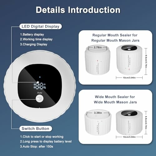 Vacuum sealer details for regular and wide mouth mason jars.