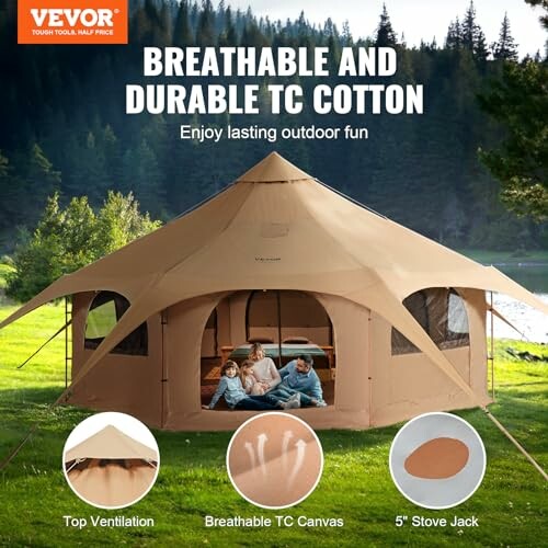 Large TC cotton tent with top ventilation in a scenic outdoor setting.