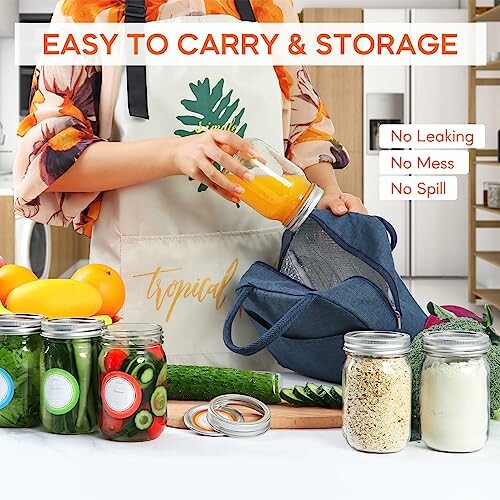 Woman placing a jar in a bag with various jars and vegetables on a kitchen counter.